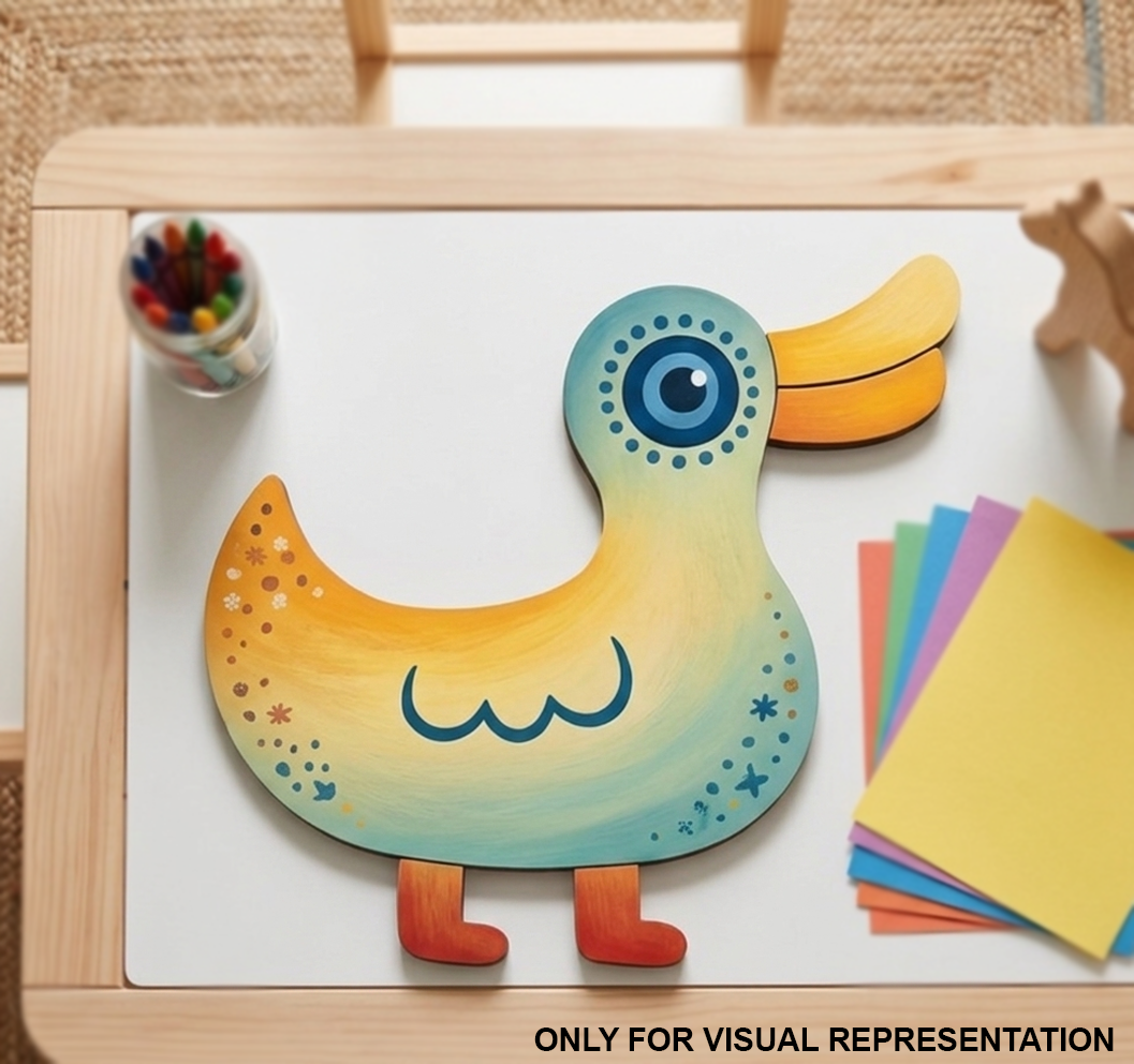  Colorful duck-shaped MDF DIY toy on a white board with colorful cards and markers.