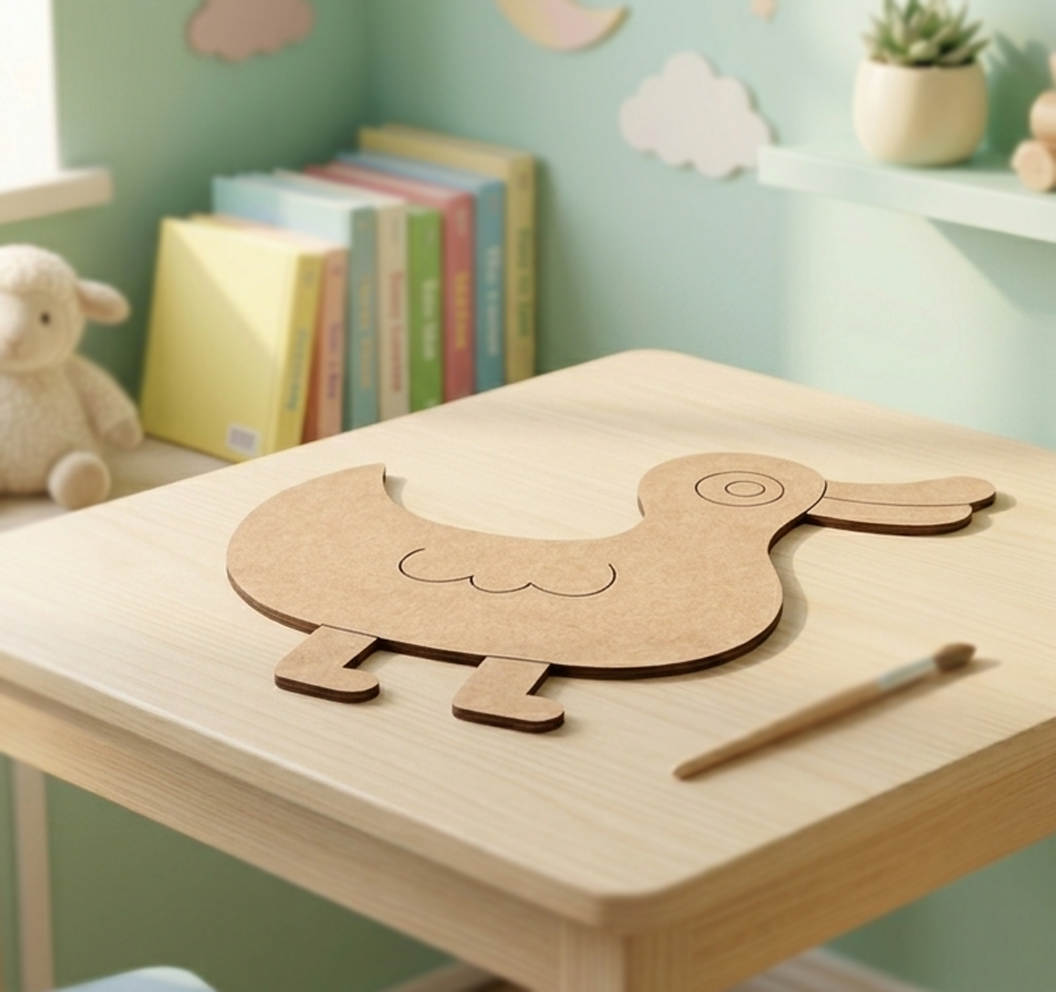 MDF DIY duck-shaped cutout on a table with books and a plush toy in the background