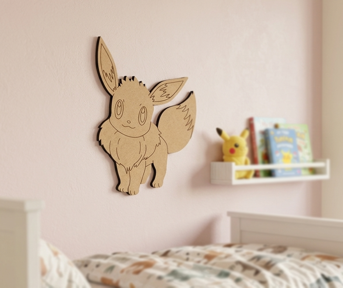 MDF DIY Eevee figure on a wall in a child's bedroom with books and a shelf.