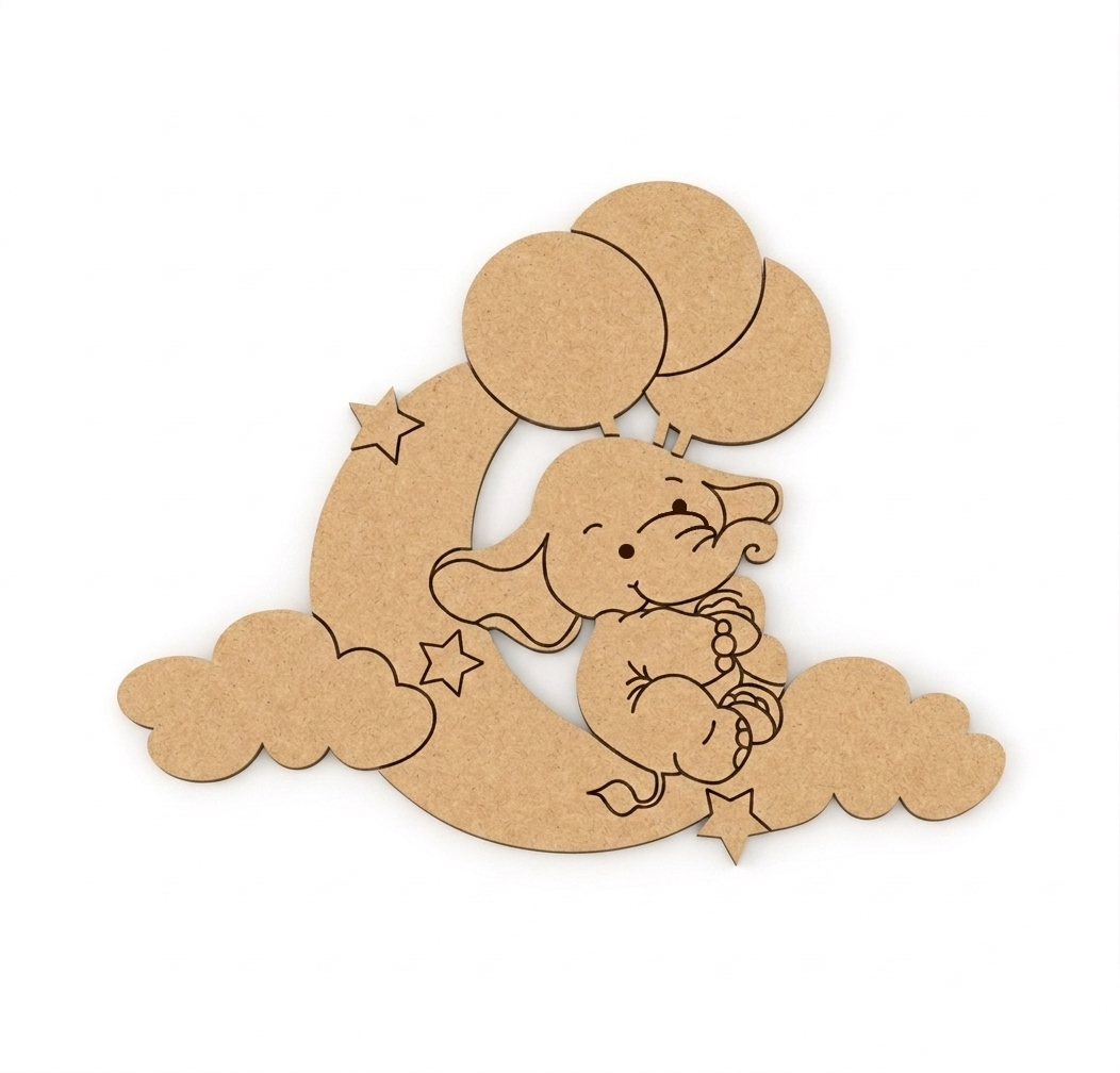 MDF DIY cutout of a baby elephant with balloons and clouds on a white background