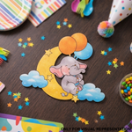 MDF DIY Colorful children's party decoration with an elephant on a moon and balloons.