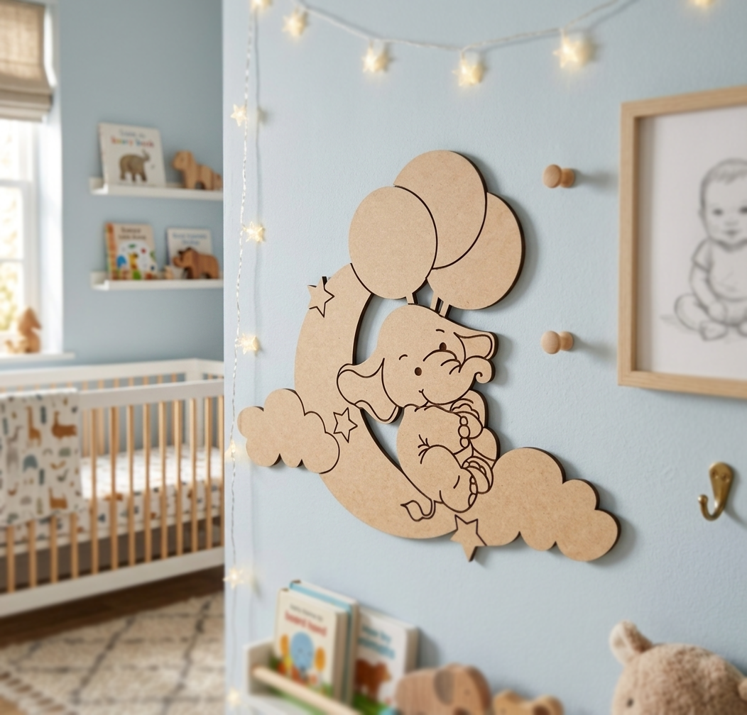 Nursery room with a MDF DIY elephant holding balloons decoration on the wall.