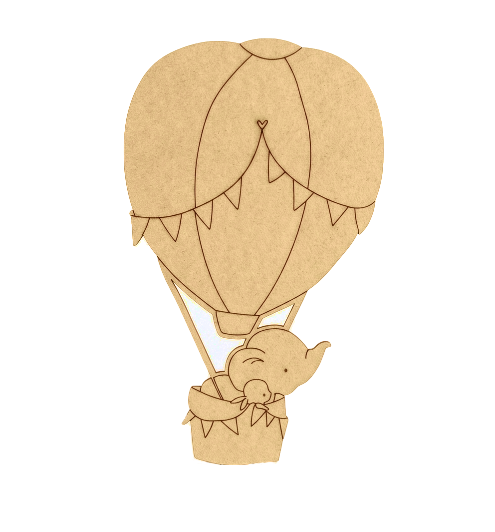 MDF DIY cutout of a hot air balloon with an elephant in a basket on a white background