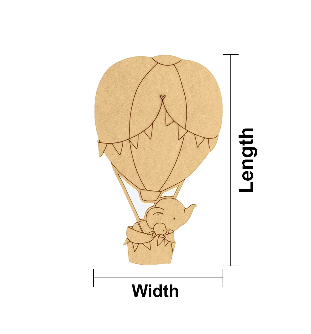 MDF DIY cutout of a hot air balloon with measurements on a white background