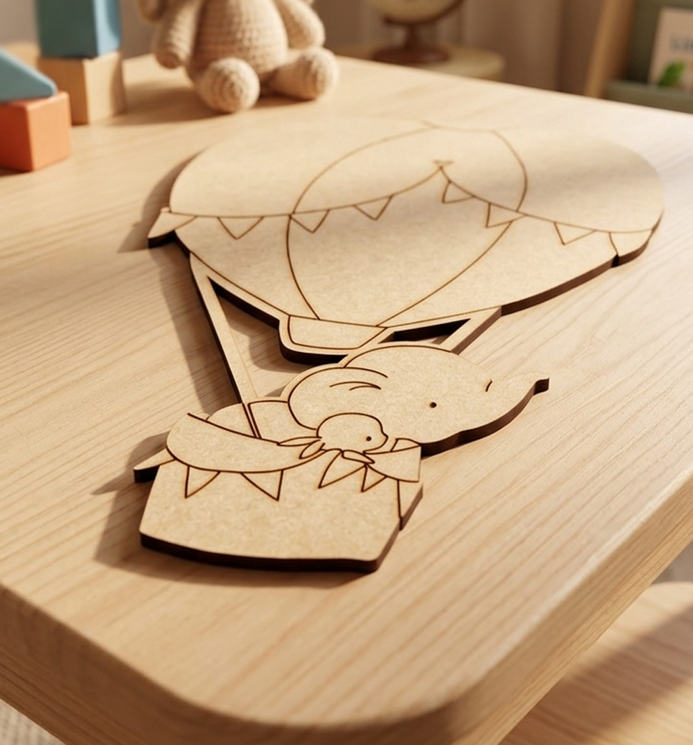 MDF DIY elephant and hot air balloon cutout on a wooden surface