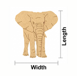 MDF DIY elephant cutout with measurements labeled on a white background