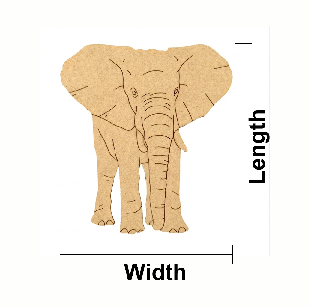 MDF DIY elephant cutout with measurements labeled on a white background