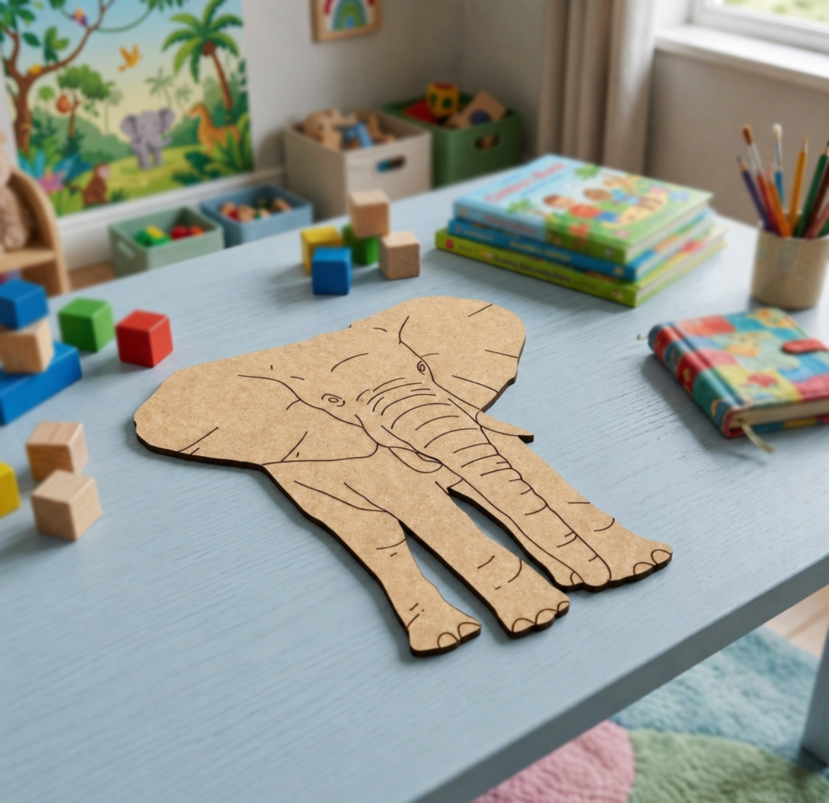 MDF DIY elephant cutout on a table with educational toys in a classroom setting