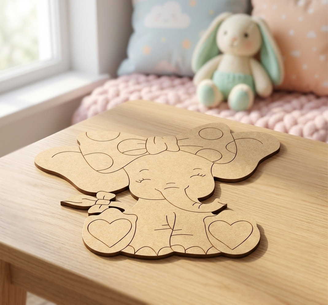 MDF DIY elephant cutout on a wooden surface with a soft toy in the background