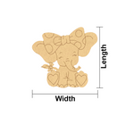 MDF DIY cutout of a girl with a bow, hearts, and measurements on a white background