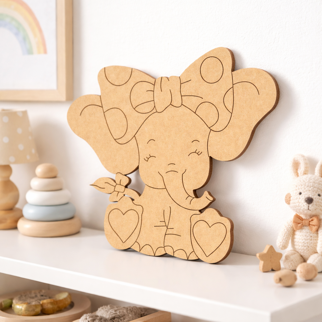 MDF DIY elephant decoration with a bow on a shelf with toys and decor items.
