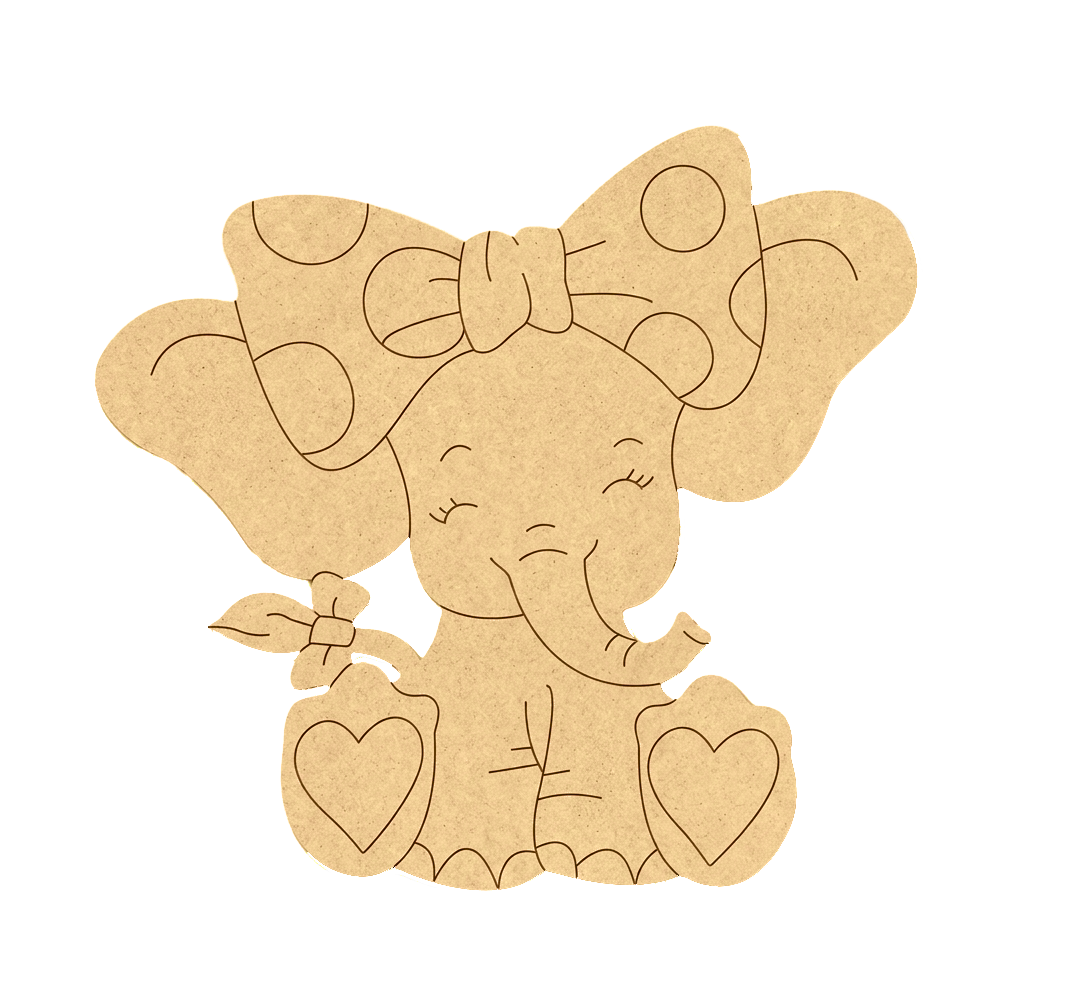 MDF DIY cutout of a cartoon elephant with a bow on a white background