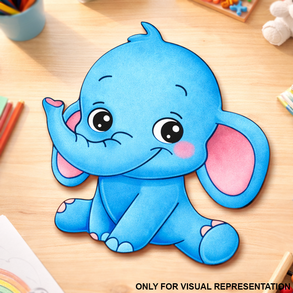 MDF DIY Cartoon blue elephant cutout on a wooden surface with stationery items.