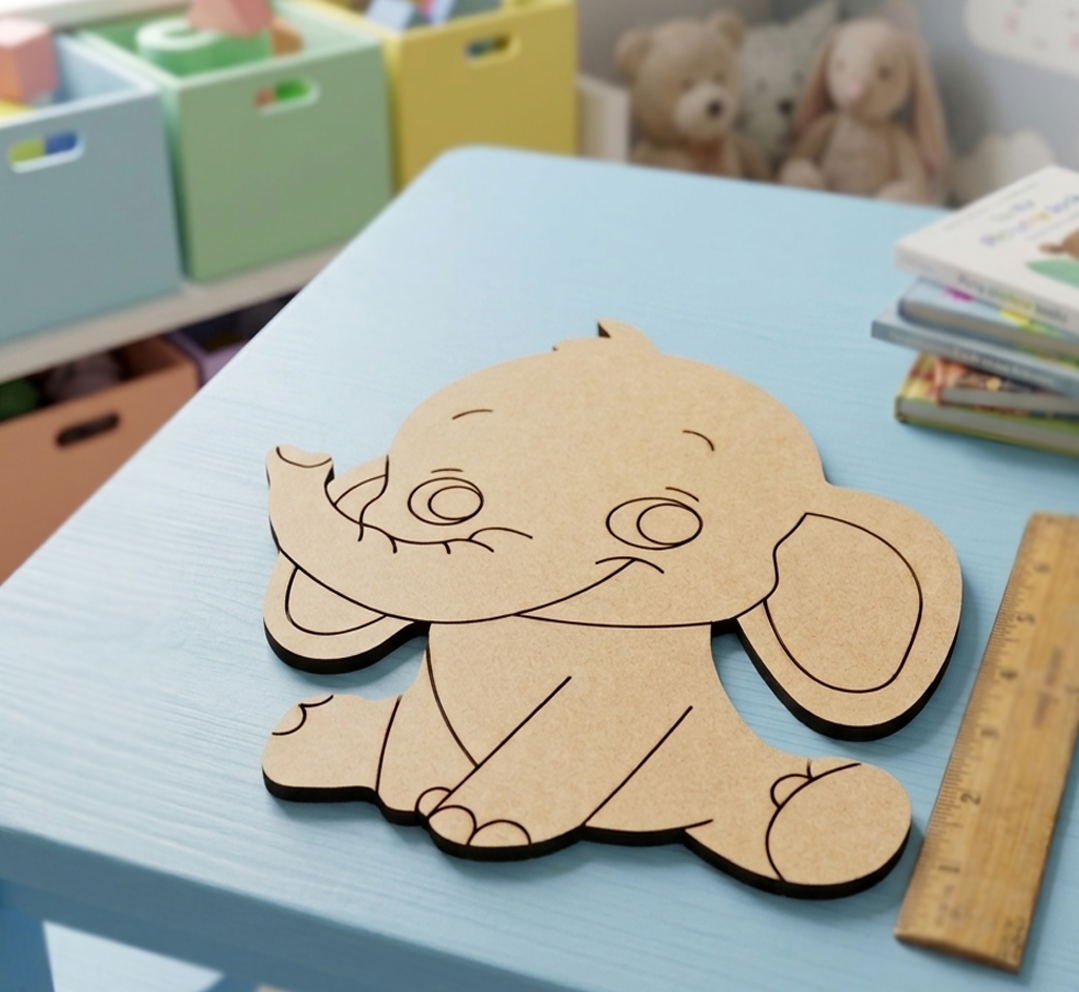 MDF DIY Cardboard cutout of a cartoon elephant on a blue table with toys in the background