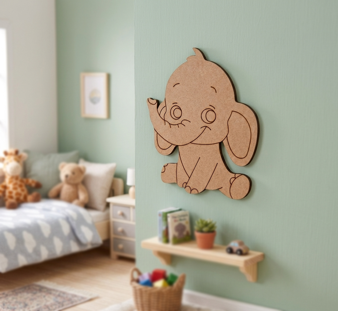 MDF DIY elephant wall decoration in a child's bedroom with green walls and toys.