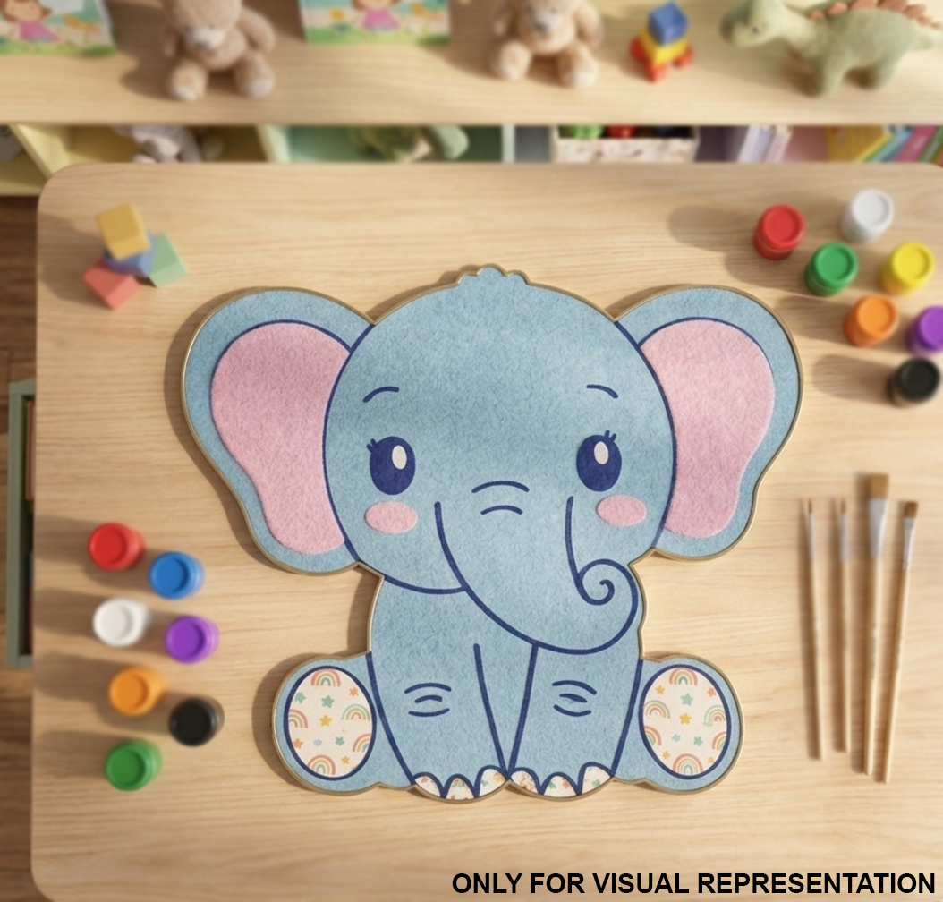 MDF DIY Cartoon elephant cutout on a wooden surface with art supplies