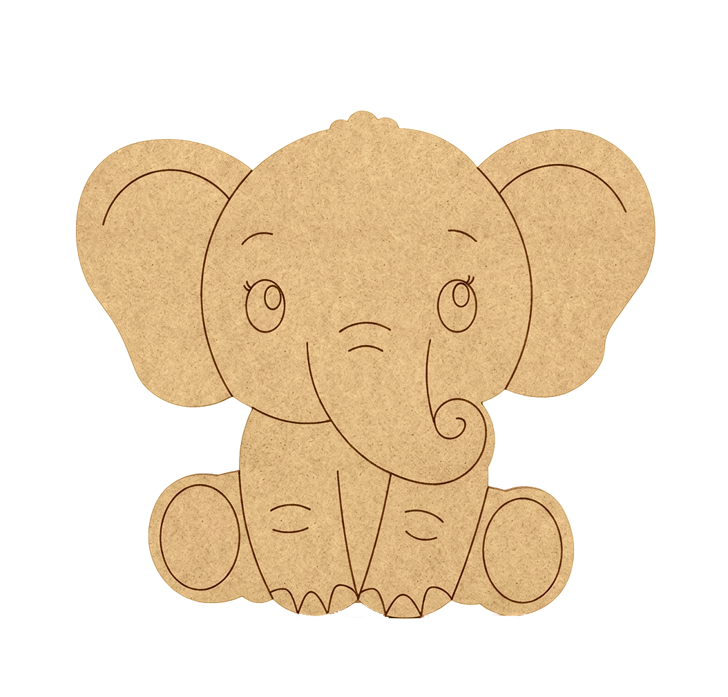 MDF DIY cutout of a baby elephant on a white background