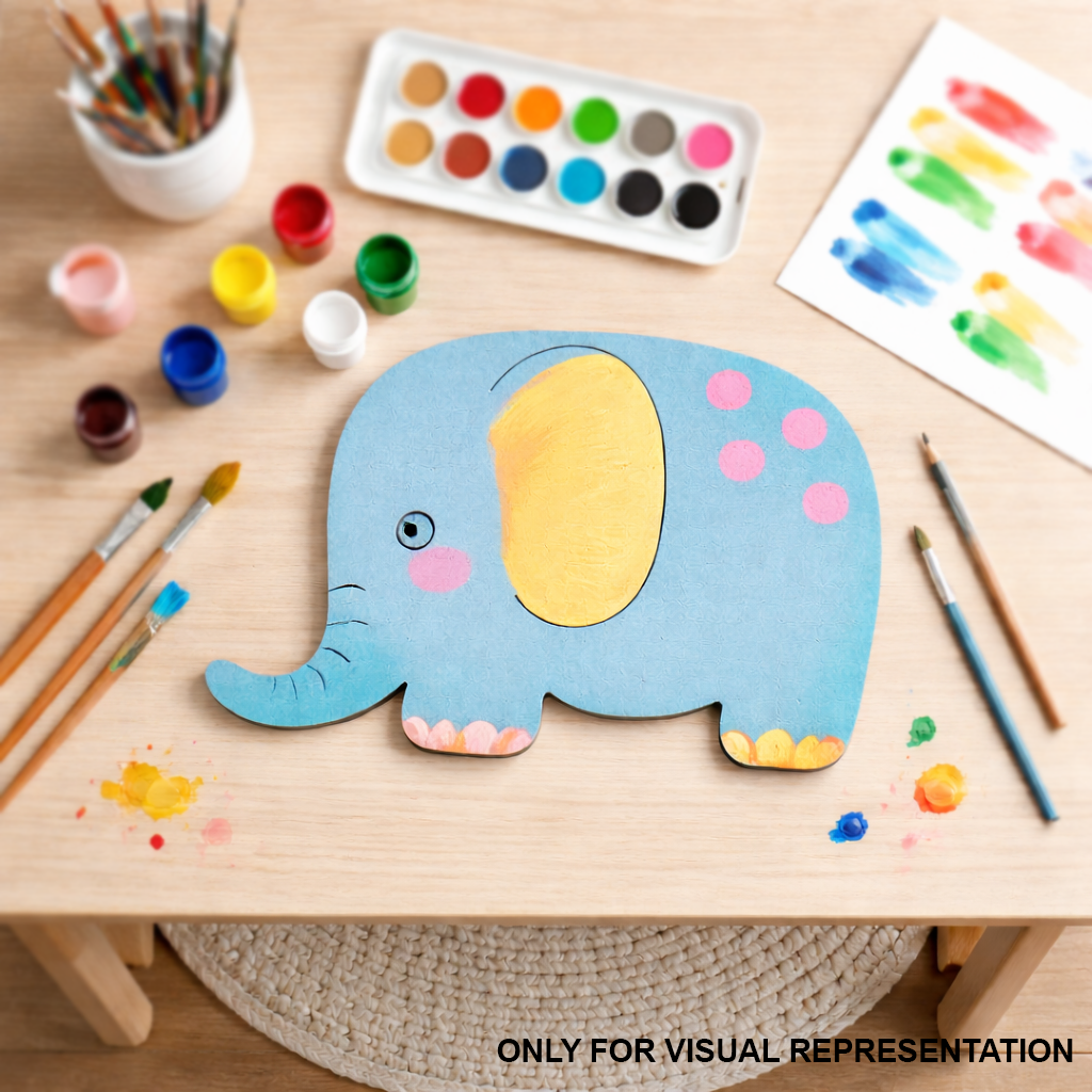 Colorful MDF DIY elephant craft on a wooden table with art supplies