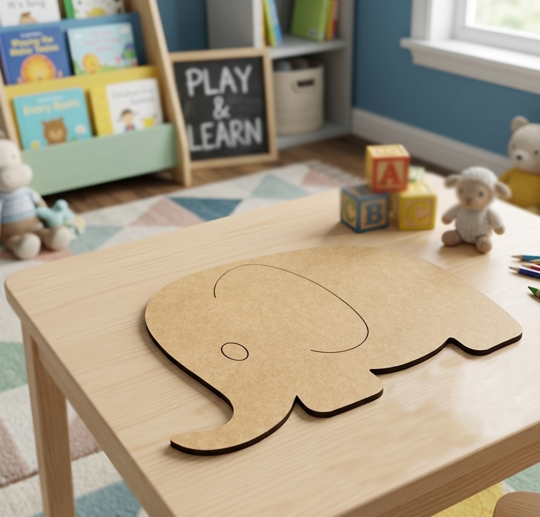MDF DIY elephant cutout on a table in a child's playroom with books and toys in the background.