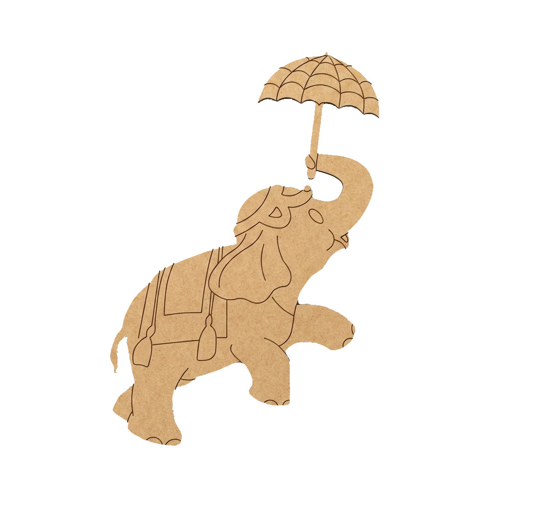 Cardboard MDF DIY cutout of an elephant holding an umbrella on a white background