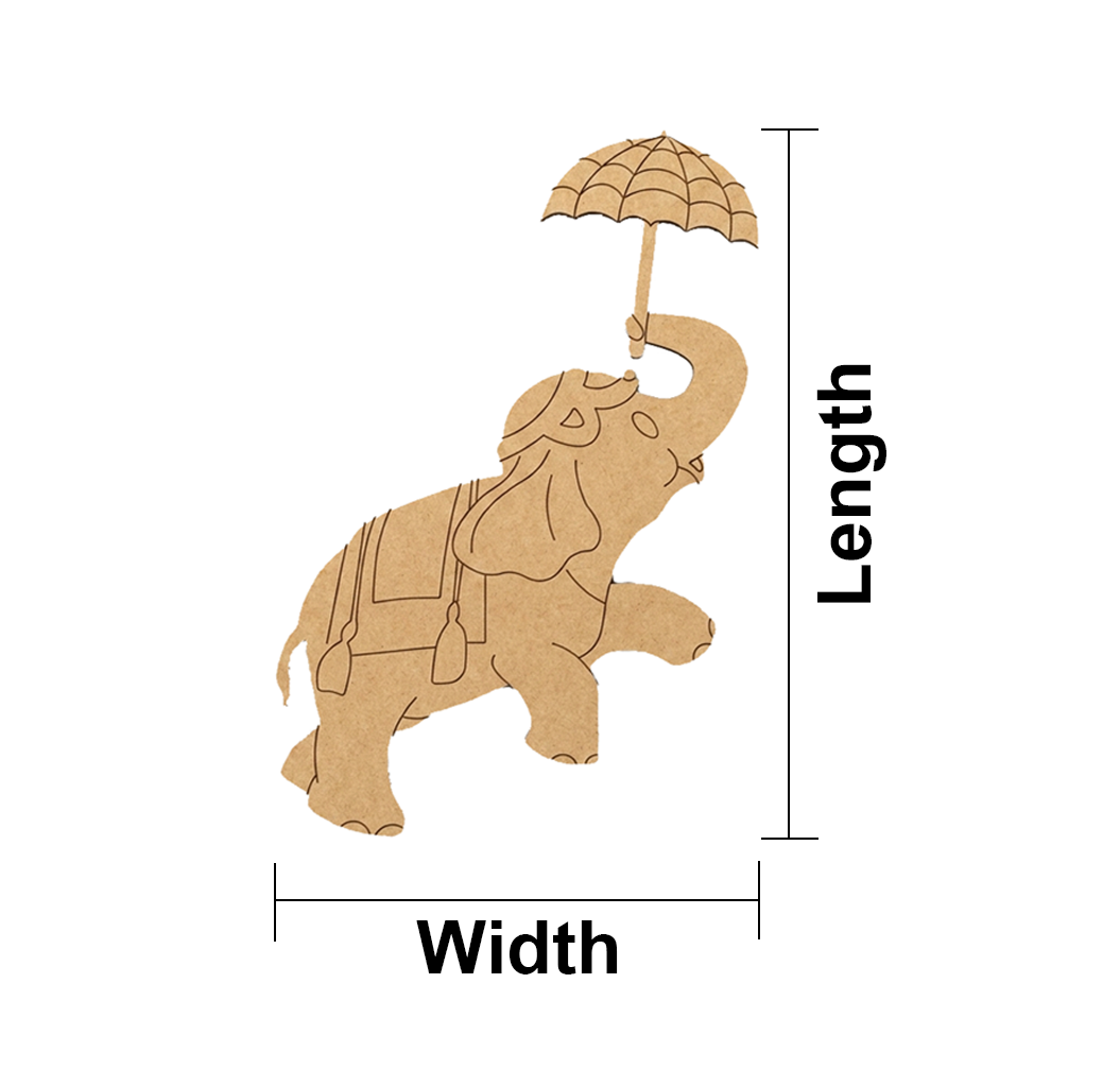 MDF DIY Cardboard elephant with an umbrella, showing measurements for length and width on a white background.