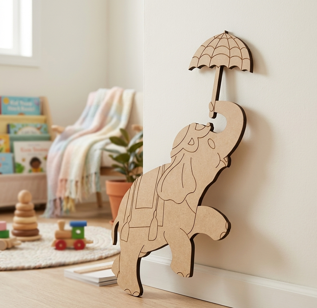 MDF DIY elephant toy with an umbrella in a room with books and toys.