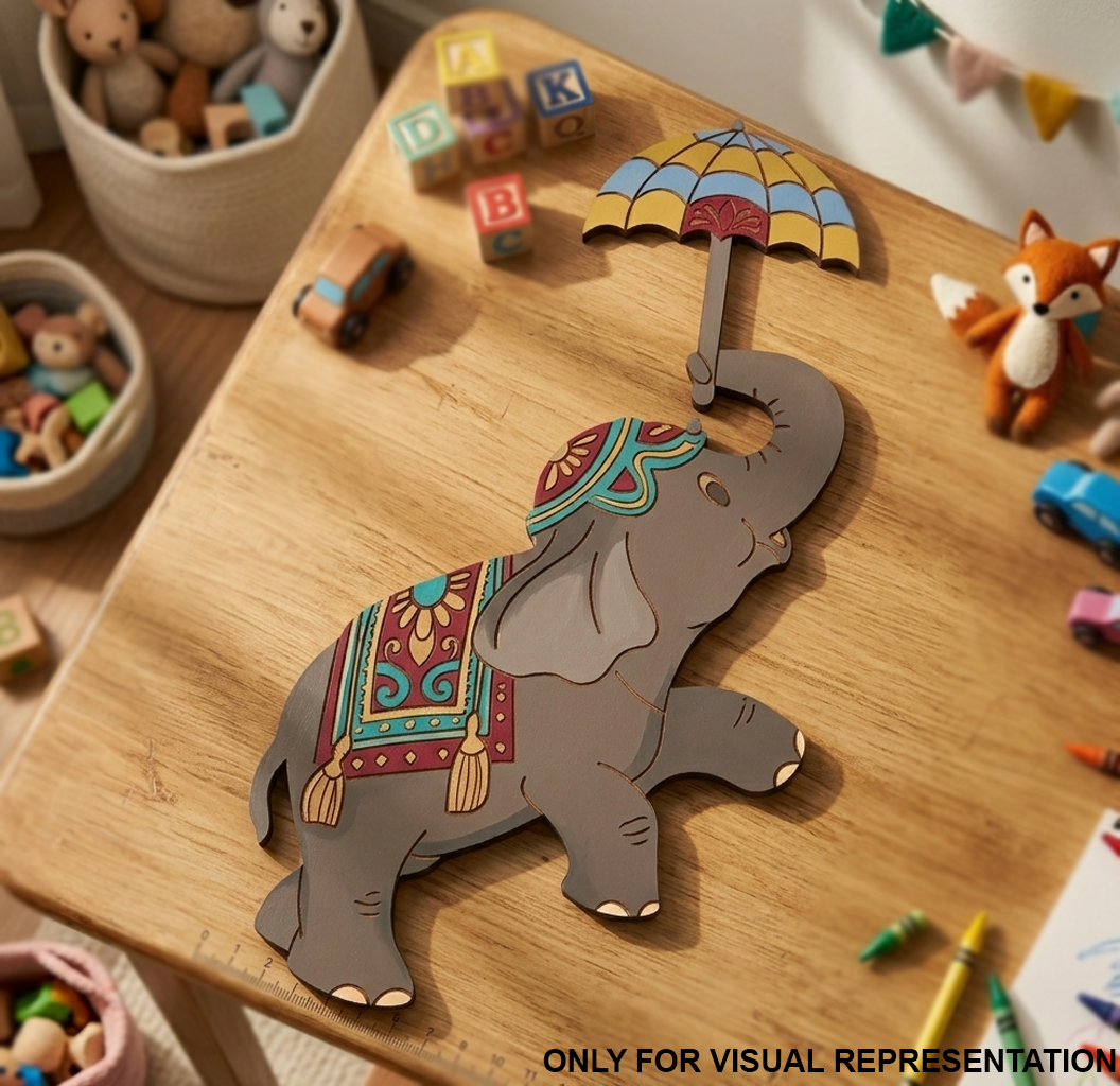 Decorative MDF DIY elephant toy on a wooden surface with children's toys around