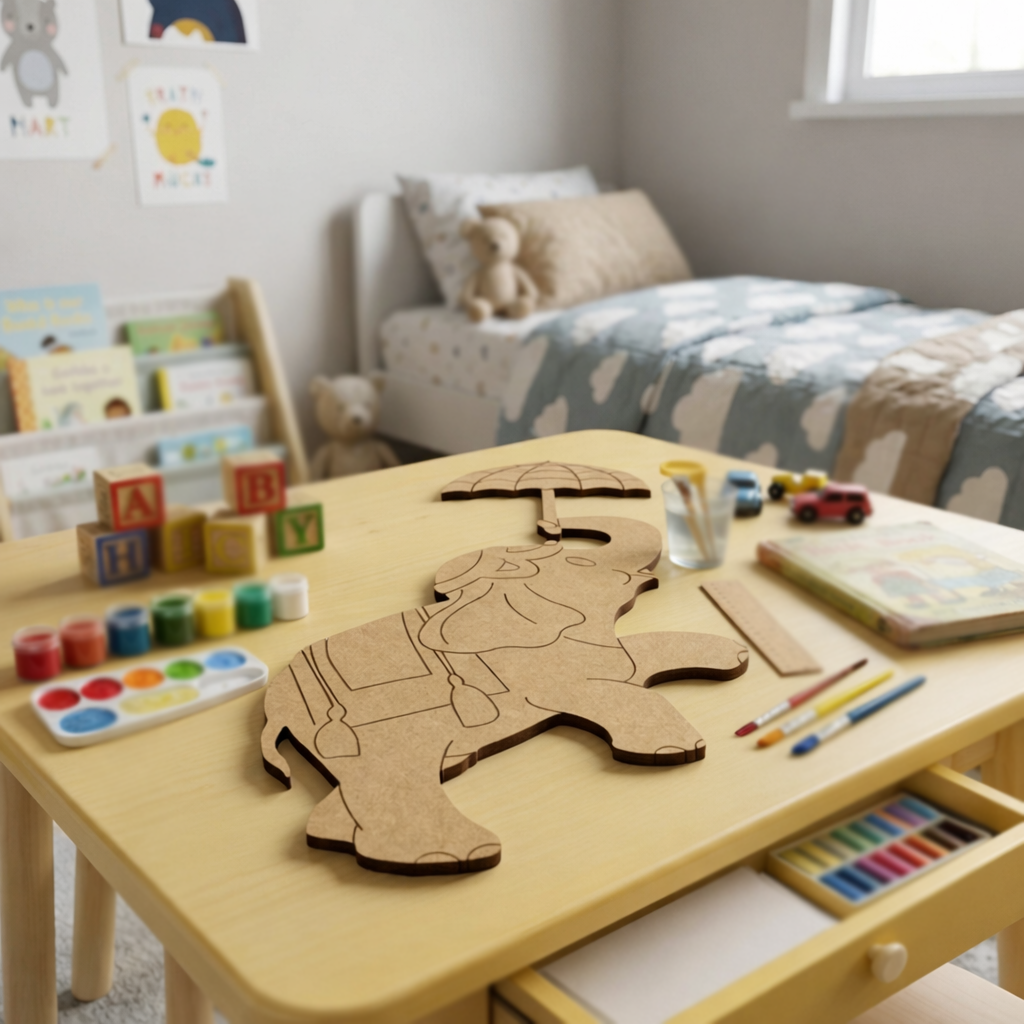 Children's playroom with a wooden table featuring MDF DIY cutouts and art supplies.
