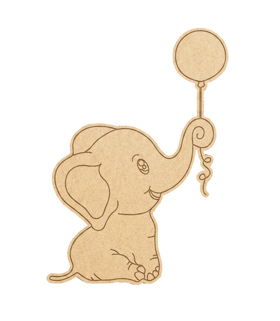 MDF DIY cutout of an elephant holding a balloon on a white background