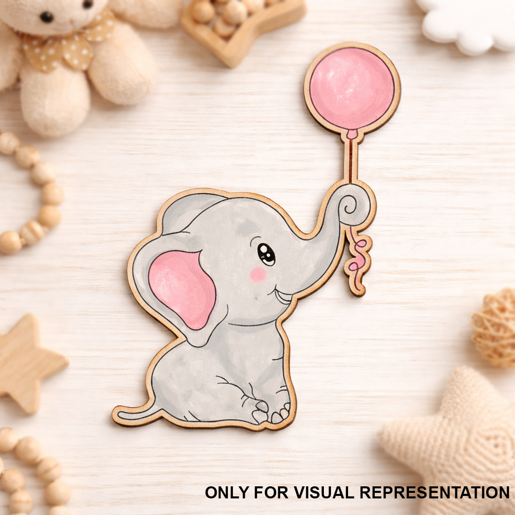DIY MDF colorfull Elephant Balloon cutout on a brown background.