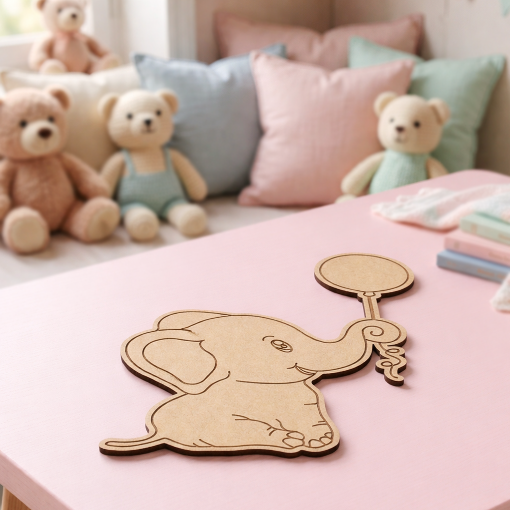DIY MDF Elephant Balloon cutout on a pink table.