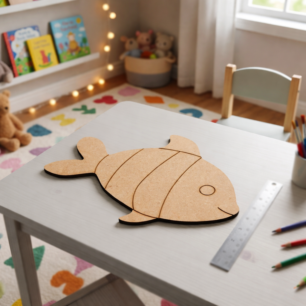 MDF DIY fish cutout on a white surface with art supplies