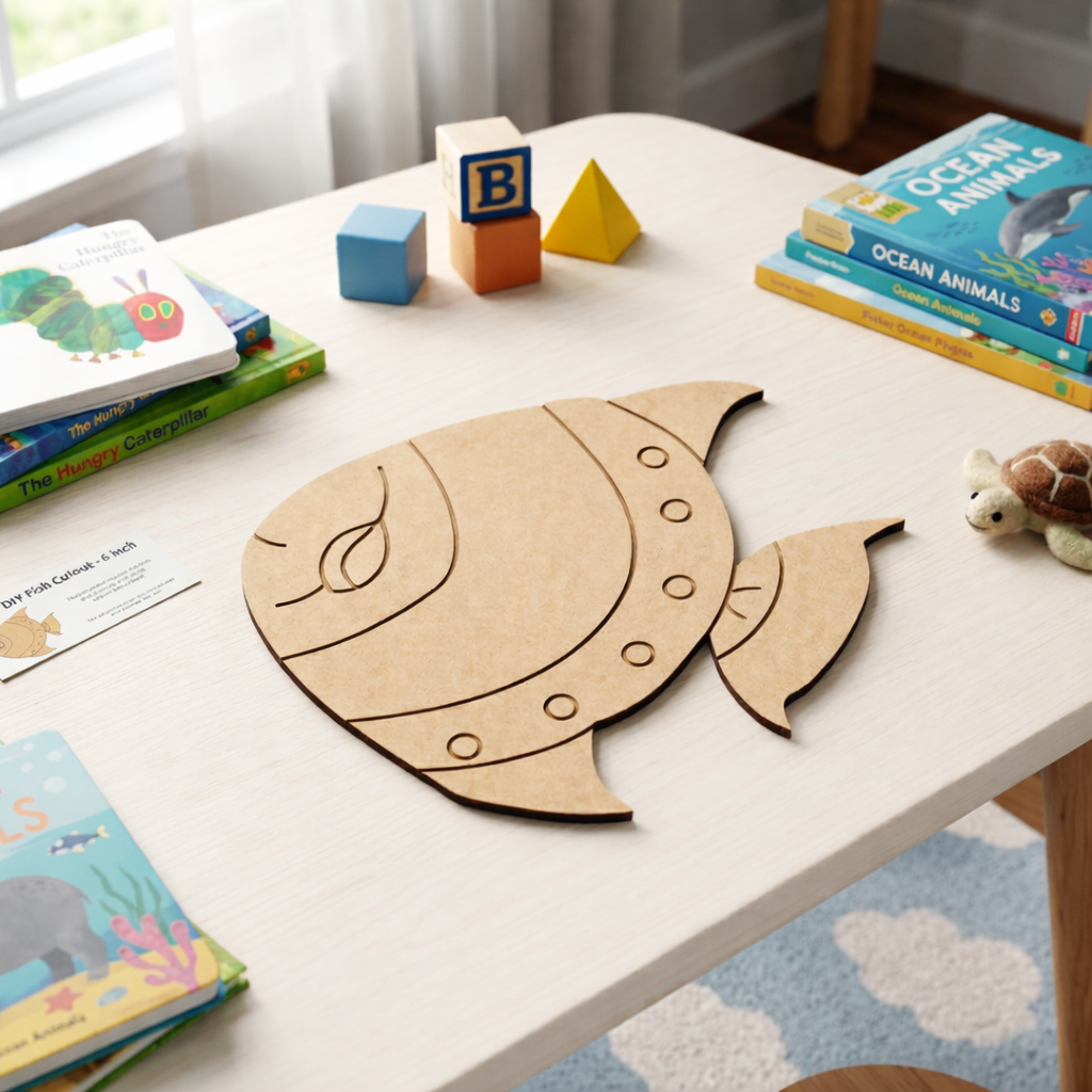 colorful MDF DIY fish cutout on a white  table.