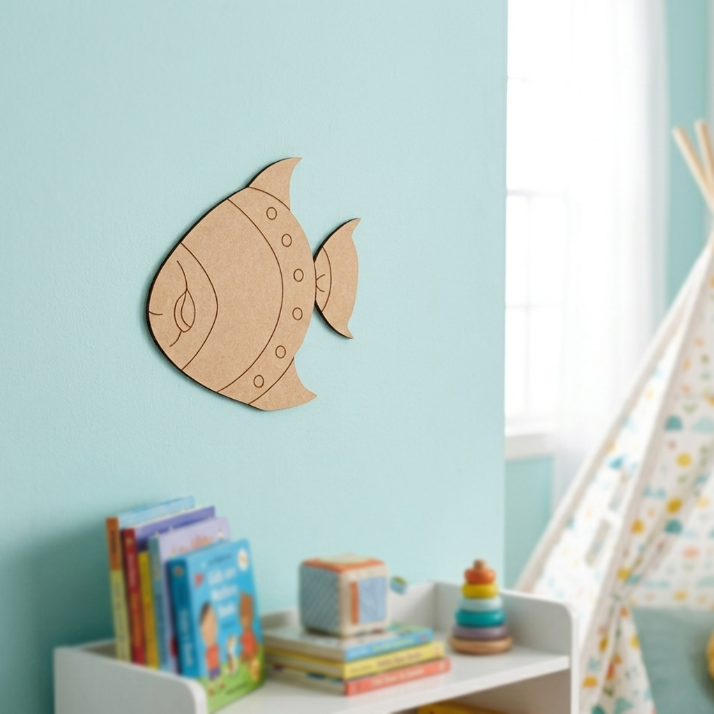 MDF DIY fish cutout on a ligh blue wall.