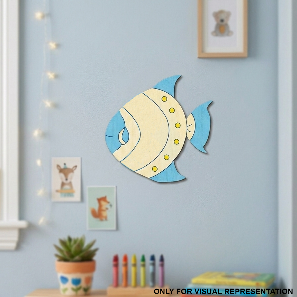 colorful MDF DIY fish cutout on a ligh blue wall.
