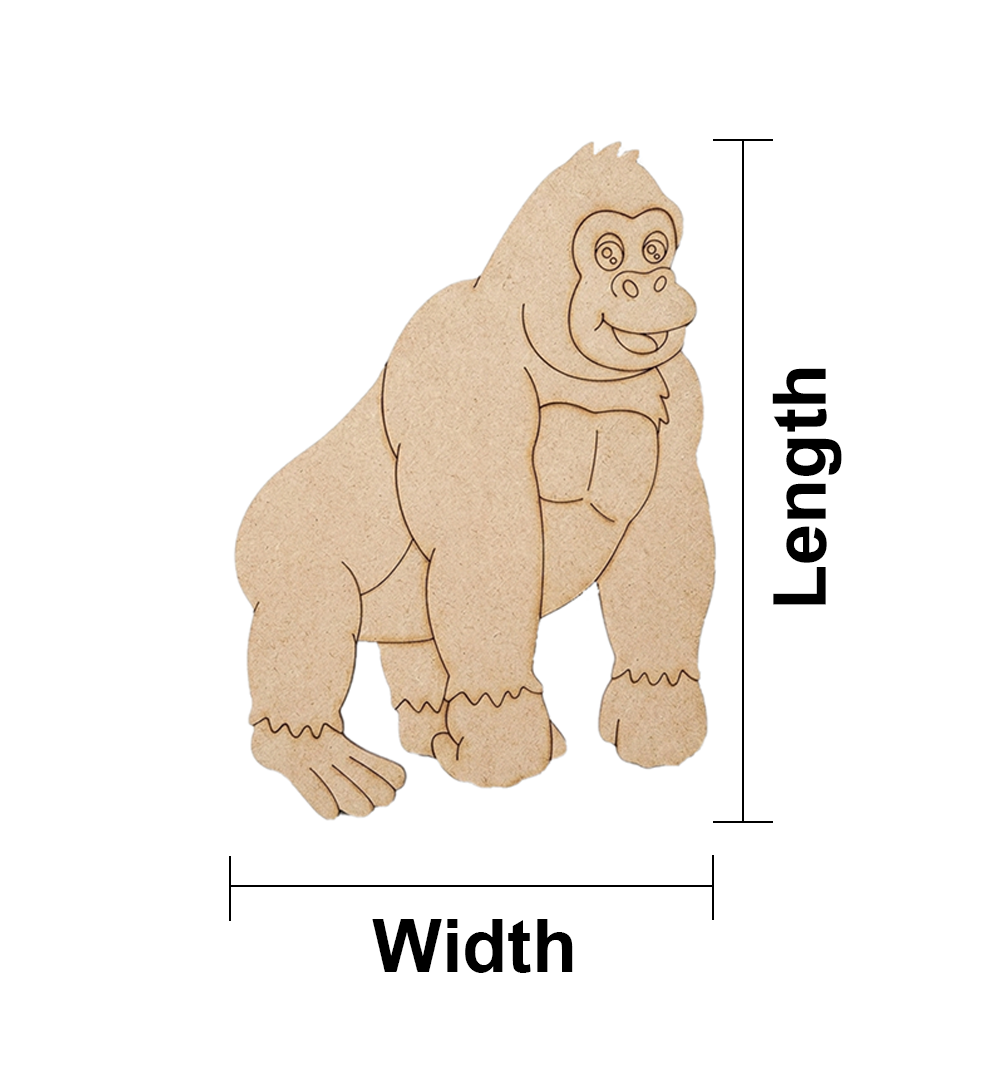 MDF DIY gorilla figure with measurements on a white background