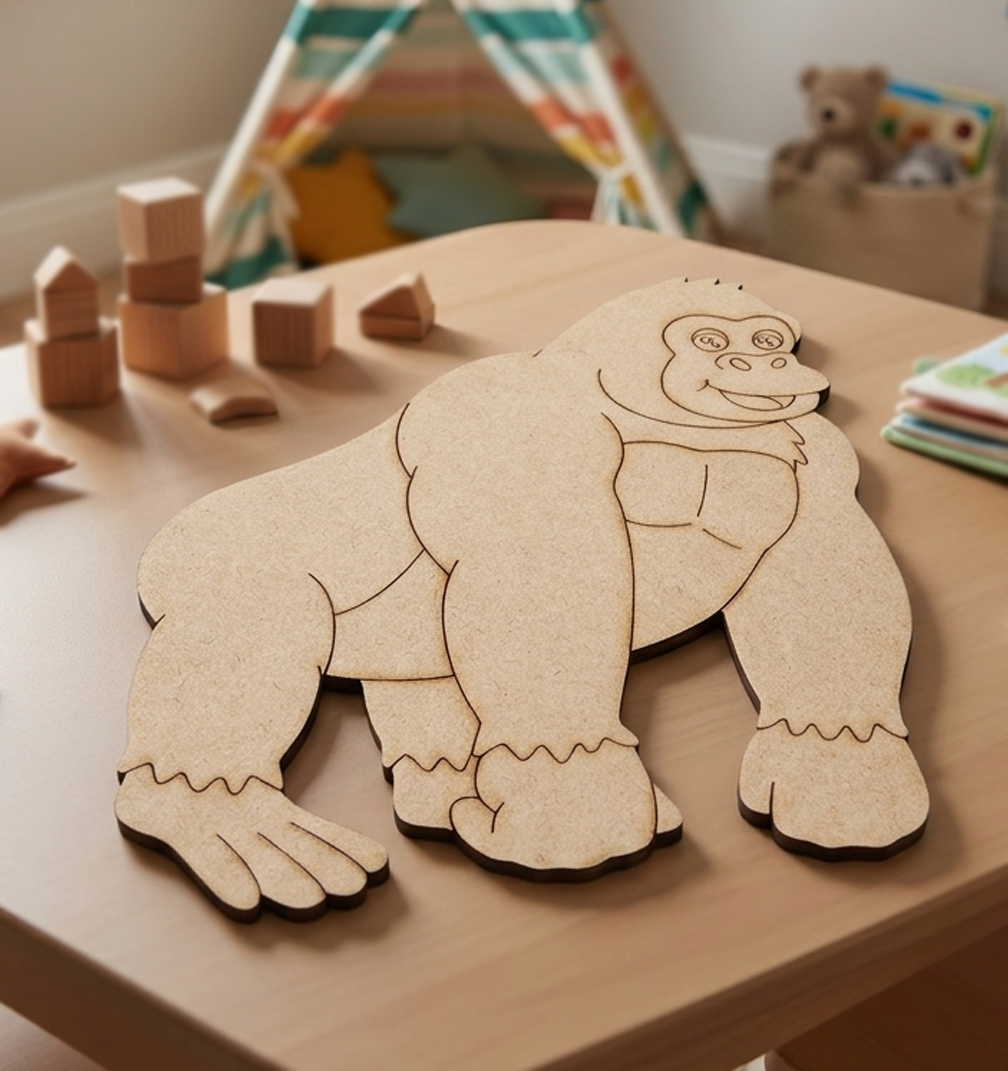 MDF DIY gorilla puzzle on a table with toys in the background