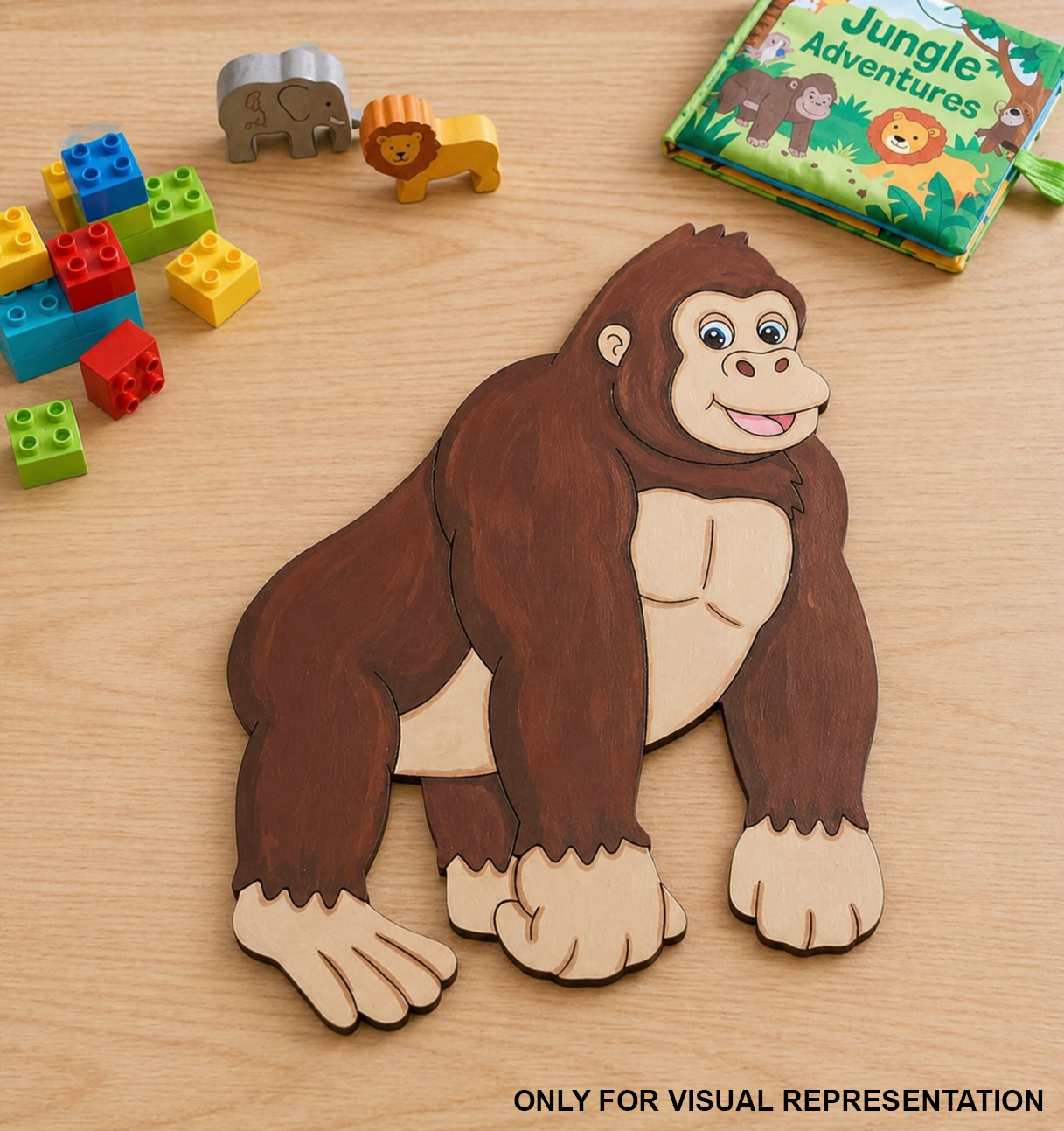 MDF DIY gorilla puzzle on a wooden surface with colorful building blocks and a children's book.