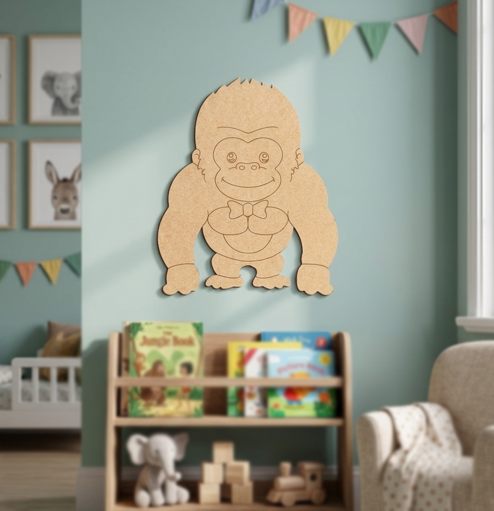 DIY MDF Gorilla cutout on a blue wall.
