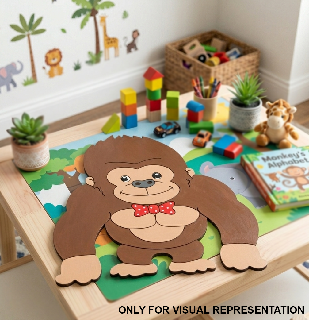 DIY MDF colorful Gorilla cutout on a brown table.
