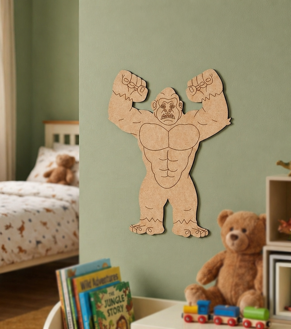 MDF DIY  gorilla wall decoration in a child's room with teddy bear and books.
