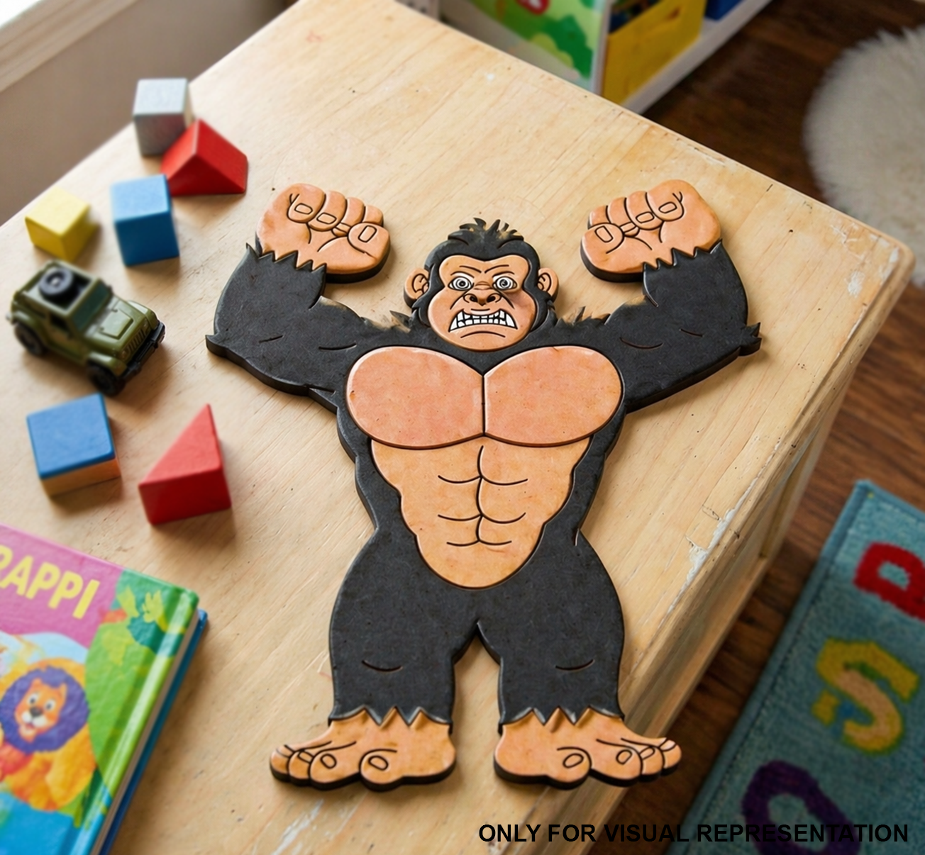 MDF DIY cutout with a gorilla design on a table surrounded by colorful blocks and books.