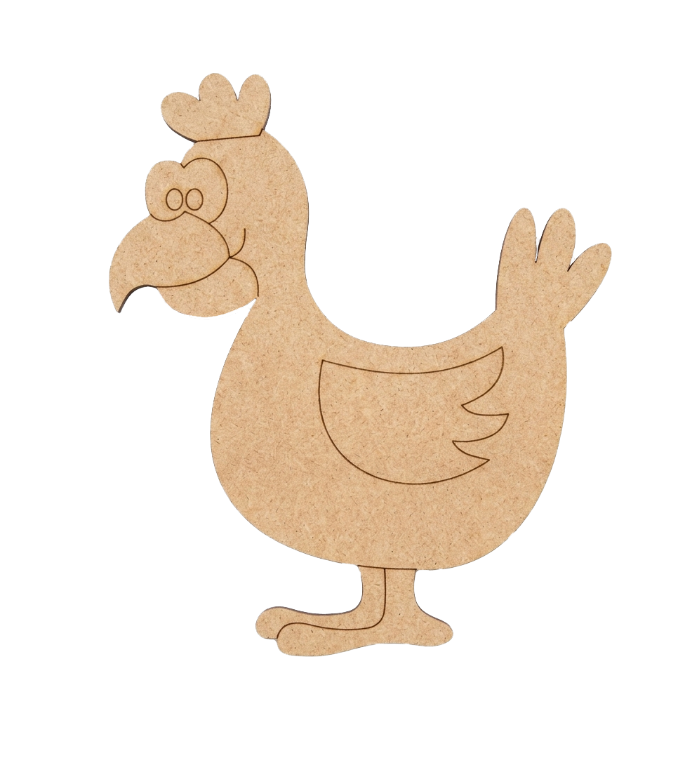 MDF DIY cutout of a cartoon chicken on a white background