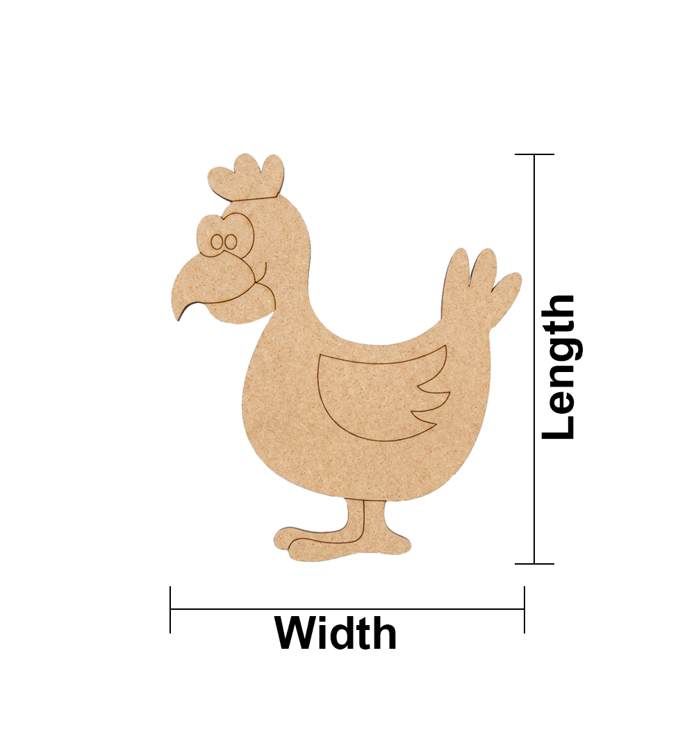 MDF DIY chicken cutout with measurements on a white background