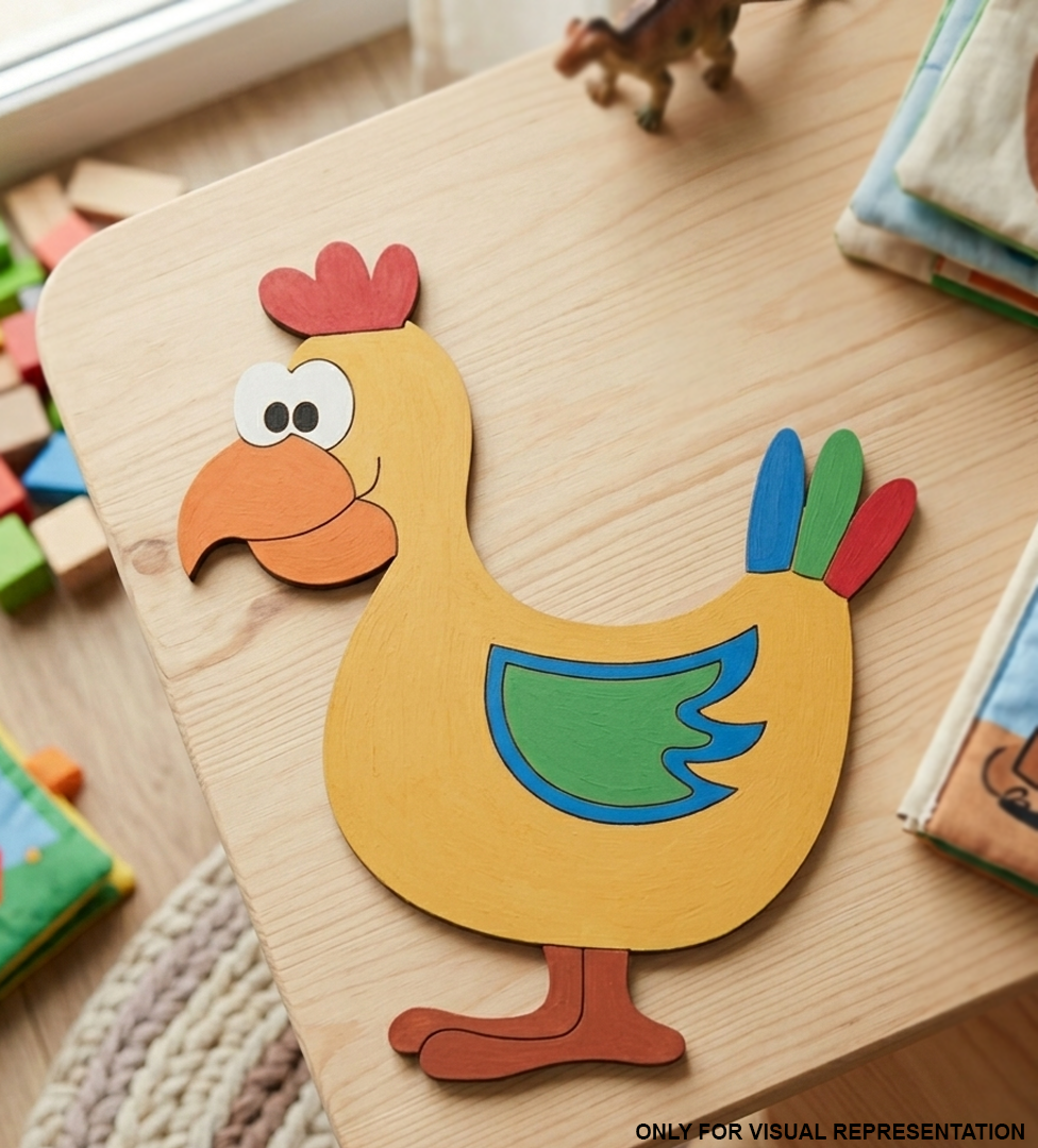 Colorful MDF DIY chicken toy on a wooden surface with educational materials around