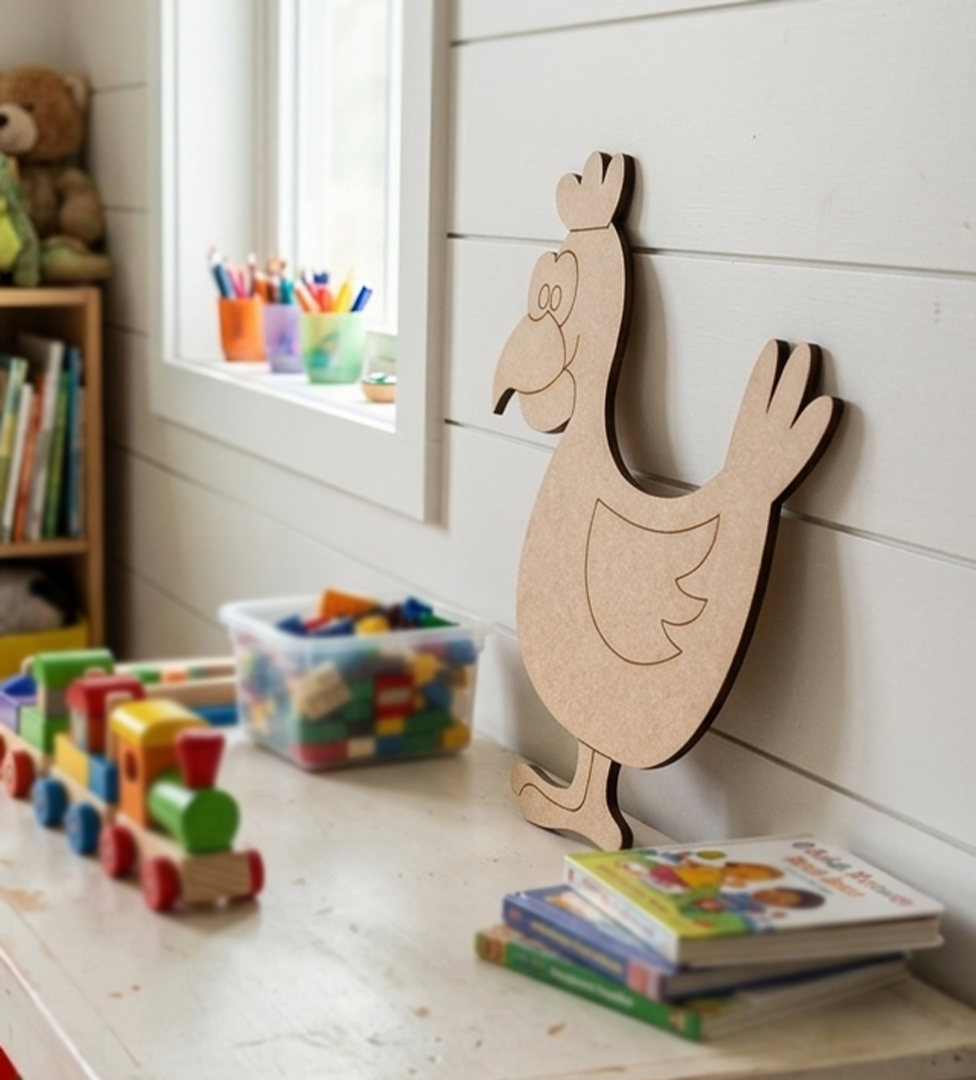 MDF DIY cutout duck on a shelf with toys and books in a child's room.