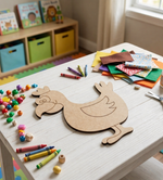 Children's play area with a MDF DIY rooster cutout, crayons, and craft materials on a table.