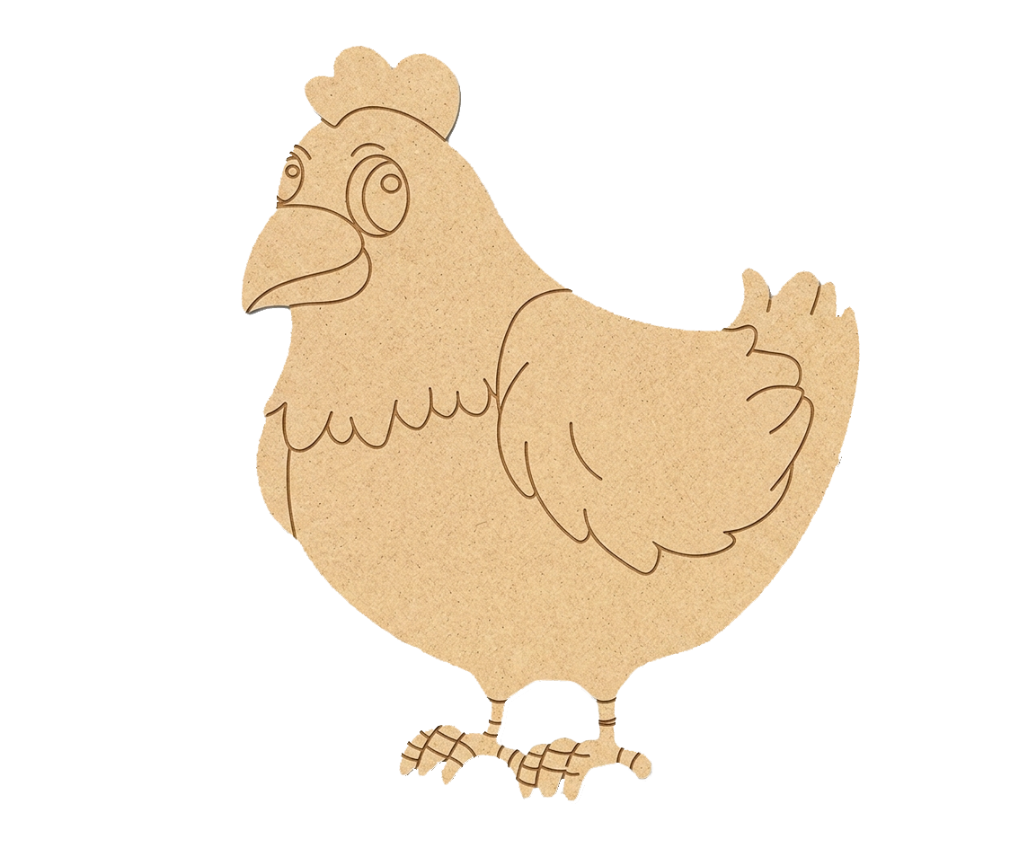 MDF DIY cutout of a chicken shape on a white background