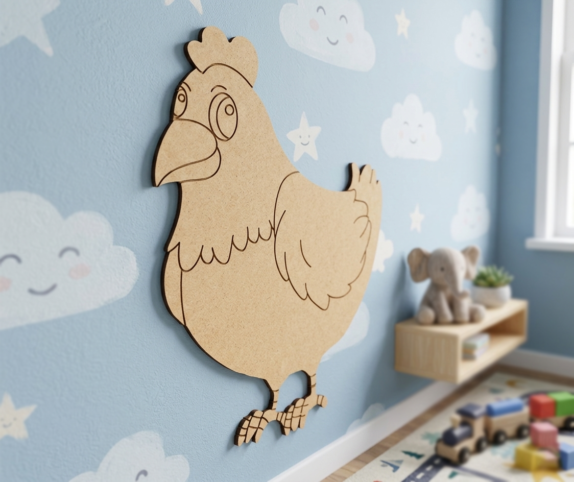 MDF DIY decoration on a wall with cloud patterns and toys below.