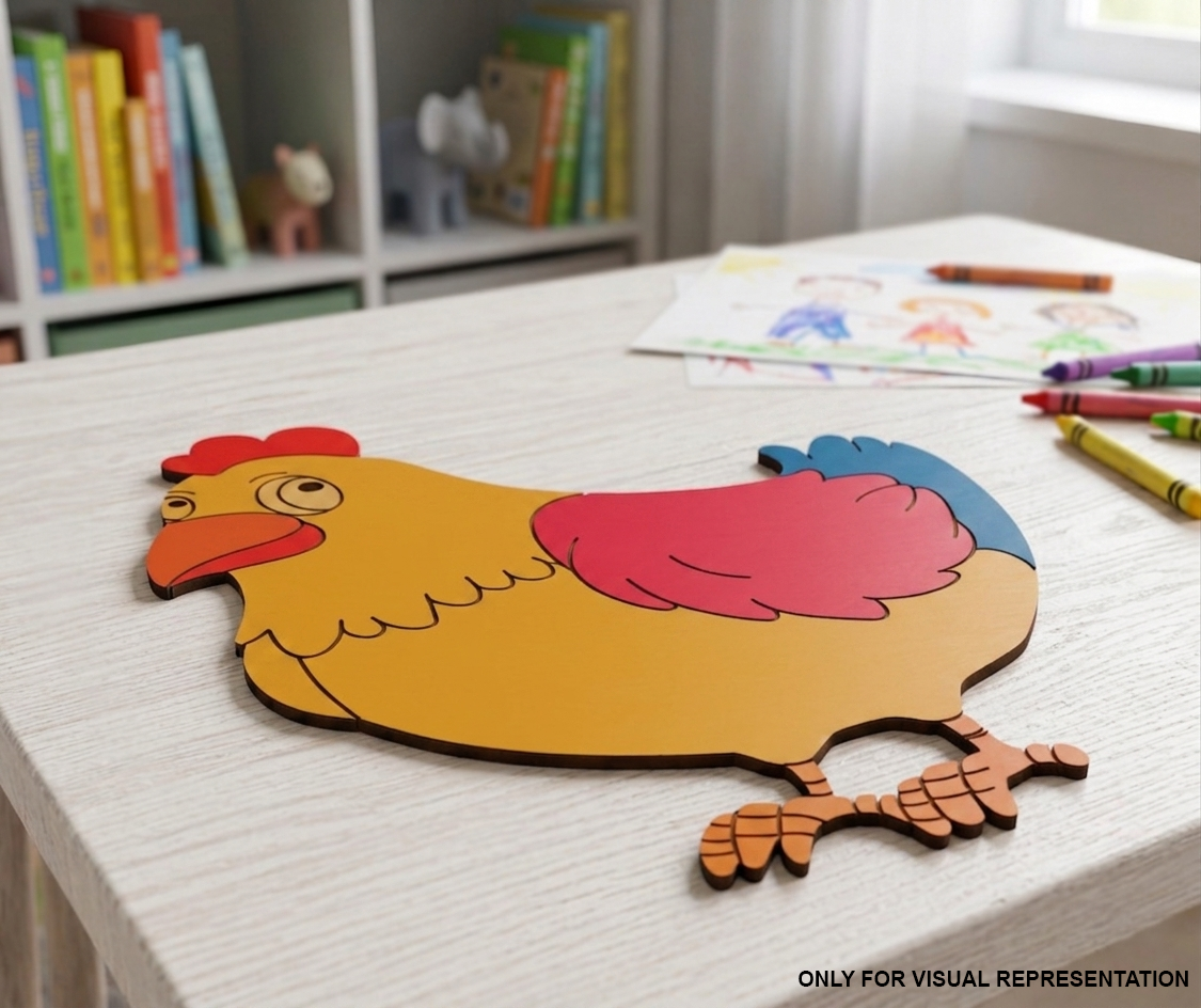 Colorful MDF DIY cutout of a chicken on a table with crayons and books in the background